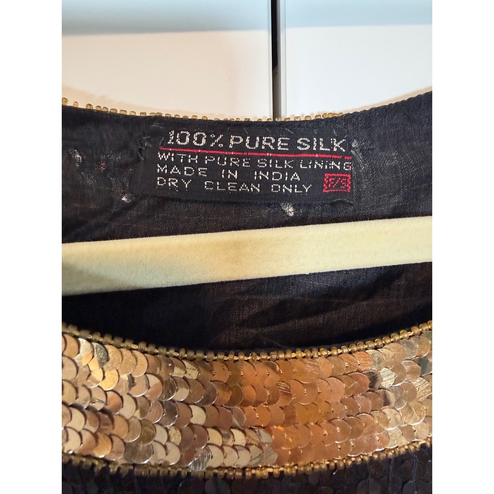 Rare Vintage 80s 100% Silk Sequin Tiger Mini Dress Black Gold Beaded Dolman Sz S - Picture 3 of 10